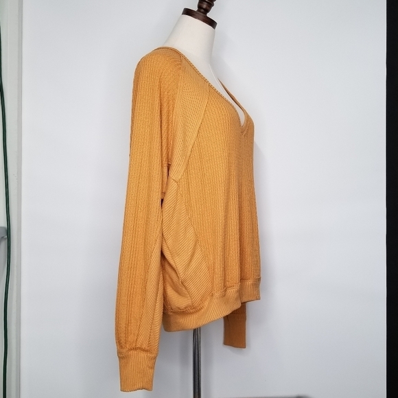We the Free Yellow Mustard Loose Fit Deep V-neck Waffle Knit Longsleeve Top, S - Picture 3 of 10